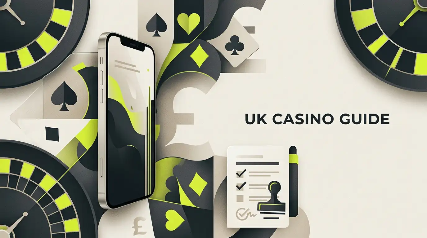 Editorial illustration representing casino games, mobile access, GBP payments and licence checking