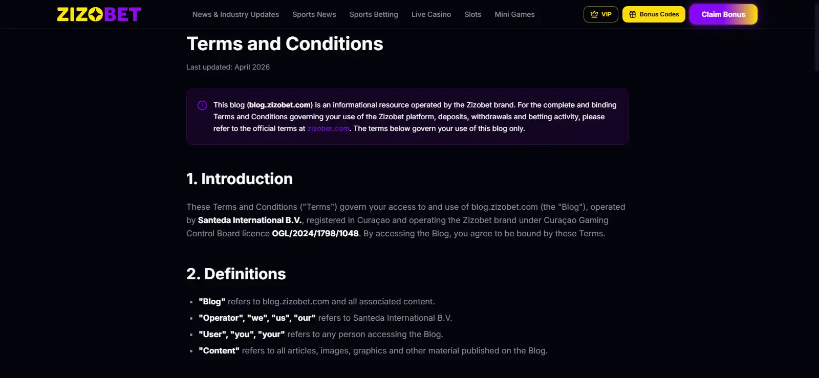 Official Zizobet terms showing operator and Curaçao licence wording