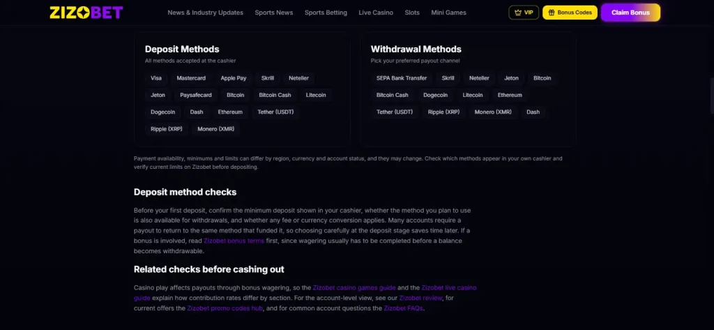 Current Zizobet cashier showing GBP-facing payment options