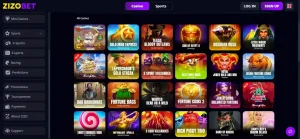 Current Zizobet casino lobby showing game categories and provider filtering