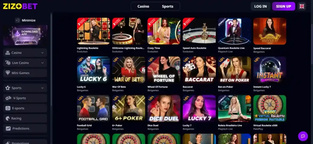 Current Zizobet live casino lobby showing table categories and provider filters