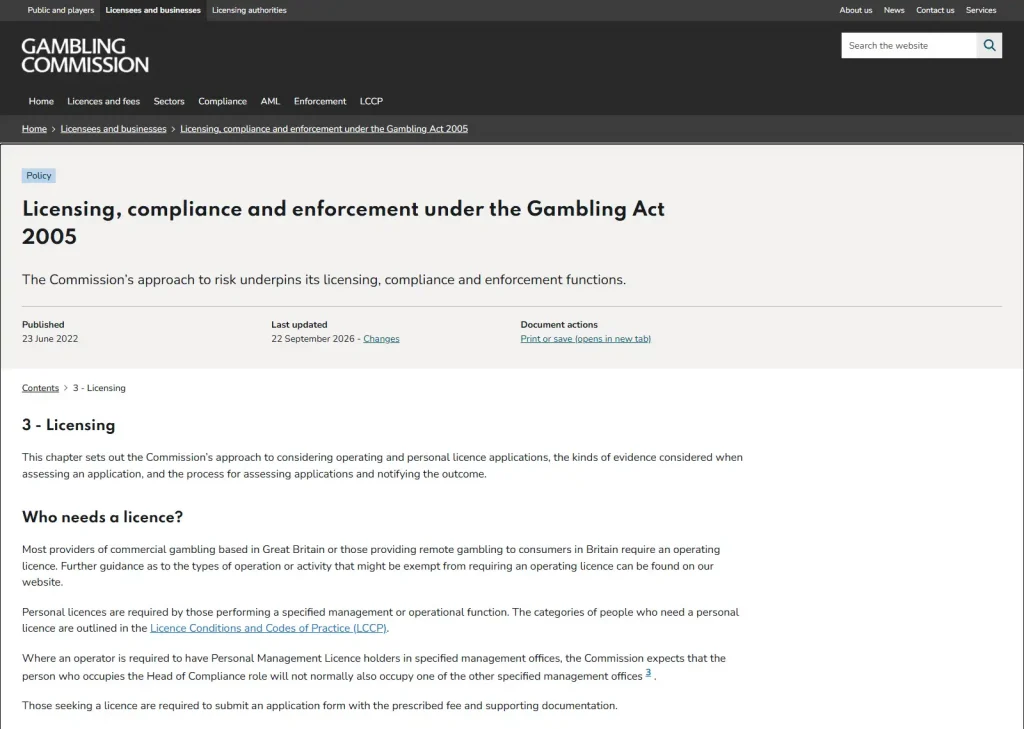 Gambling Commission licensing policy page explaining who needs a Great Britain operating licence