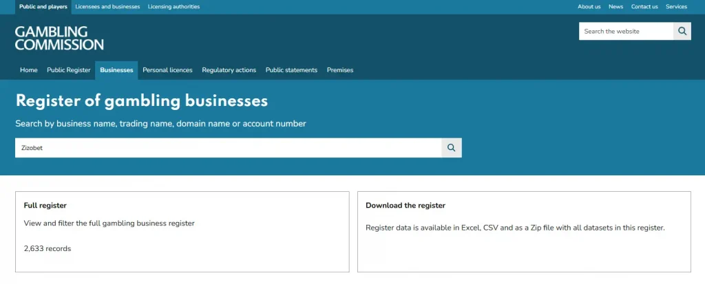 UK Gambling Commission public register evidence used to check Zizobet and Santeda International B.V.